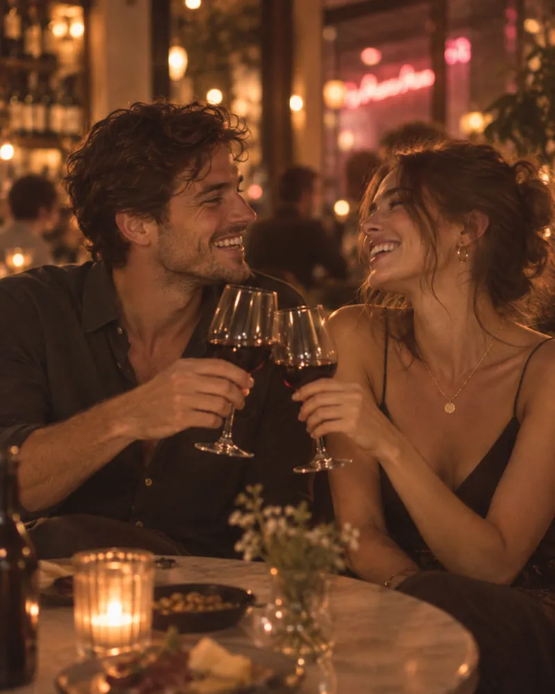 Pareja brindando en una primera cita en un bar de vinos