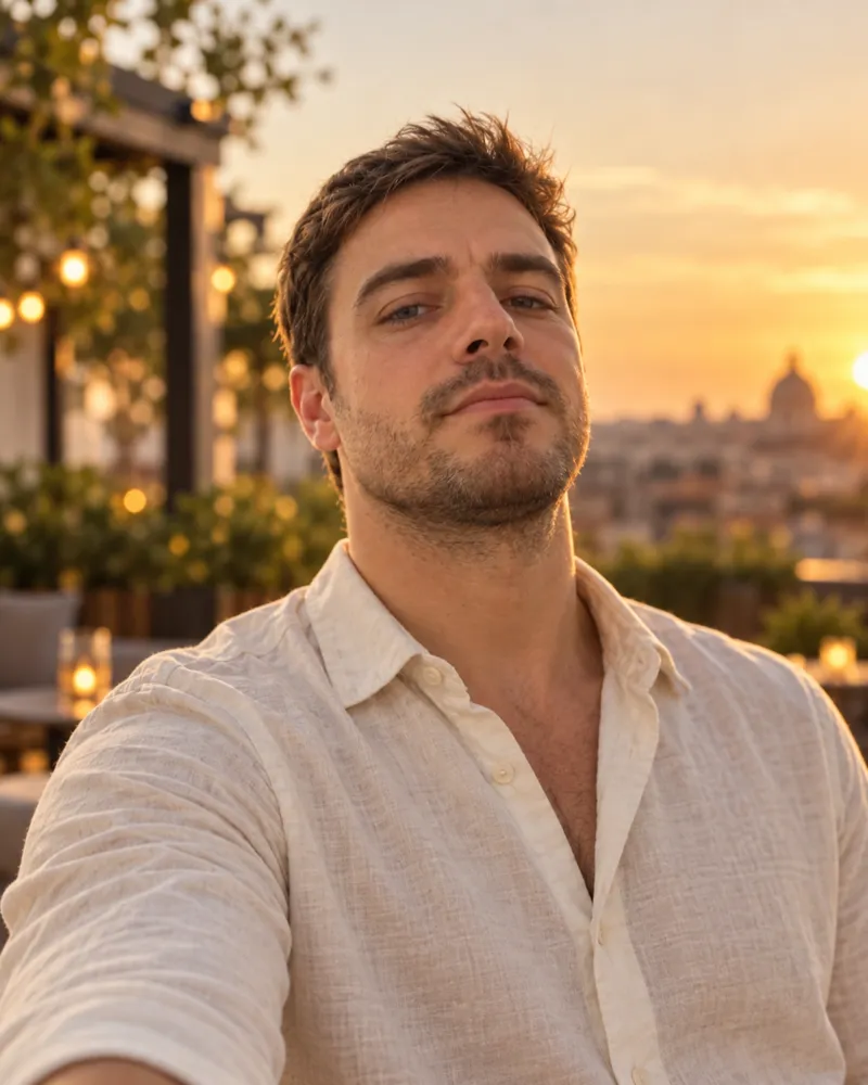 Después de Foto Glow-Up: el mismo chico en una foto de perfil profesional con camisa de lino y luz de atardecer