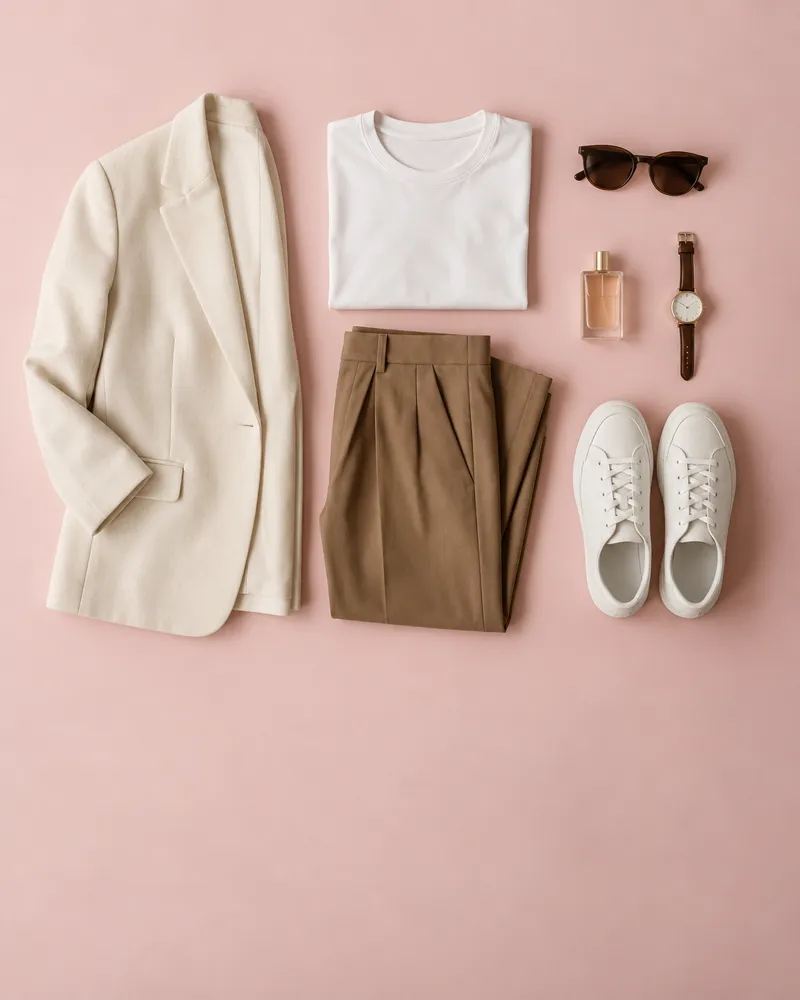 Outfit para una primera cita: blazer crema, camiseta blanca, pantalón de pinzas y zapatillas blancas