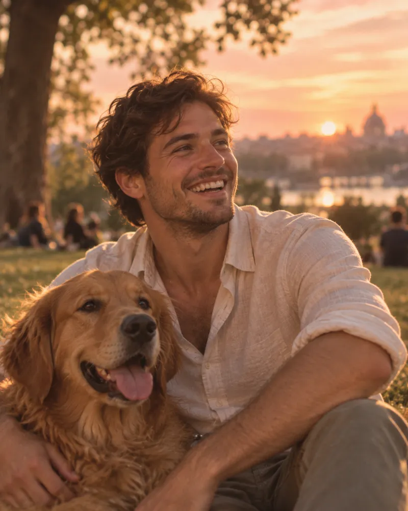 Chico con su perro en un parque al atardecer, foto de perfil para Tinder o Bumble