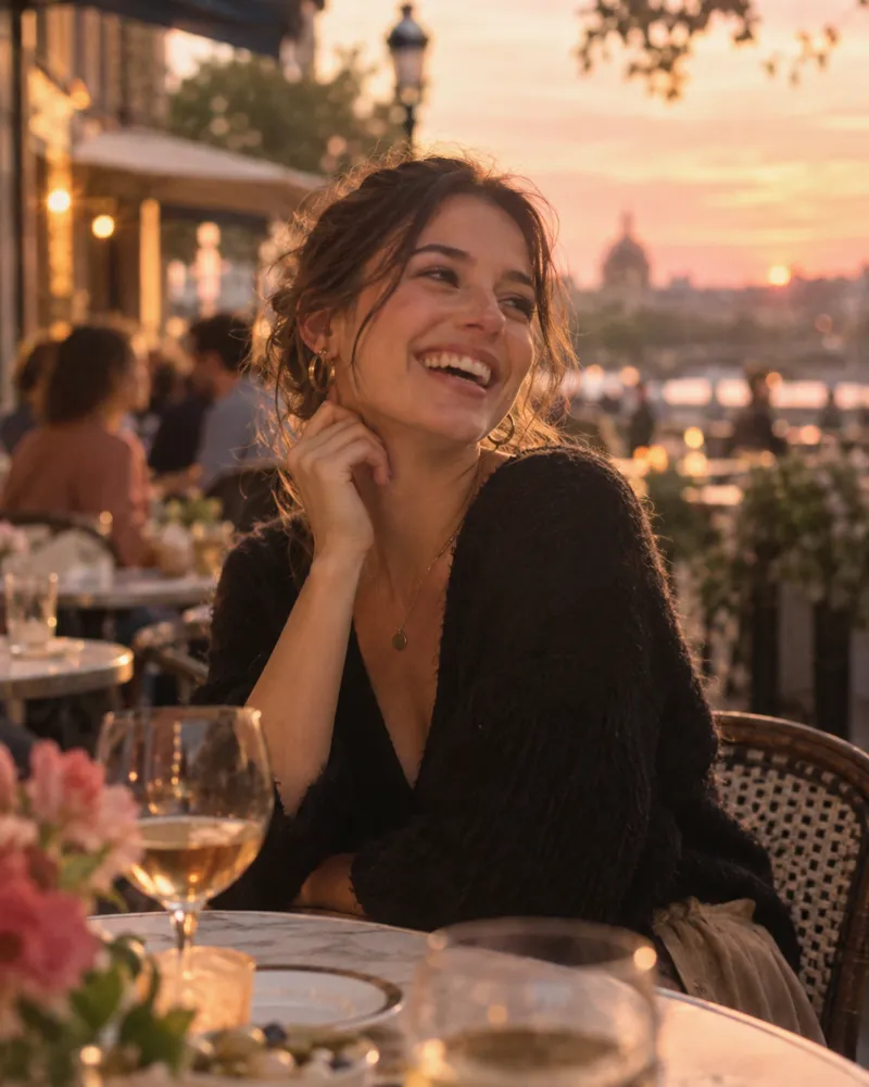Mujer sonriendo en una terraza al atardecer, foto de perfil para apps de citas