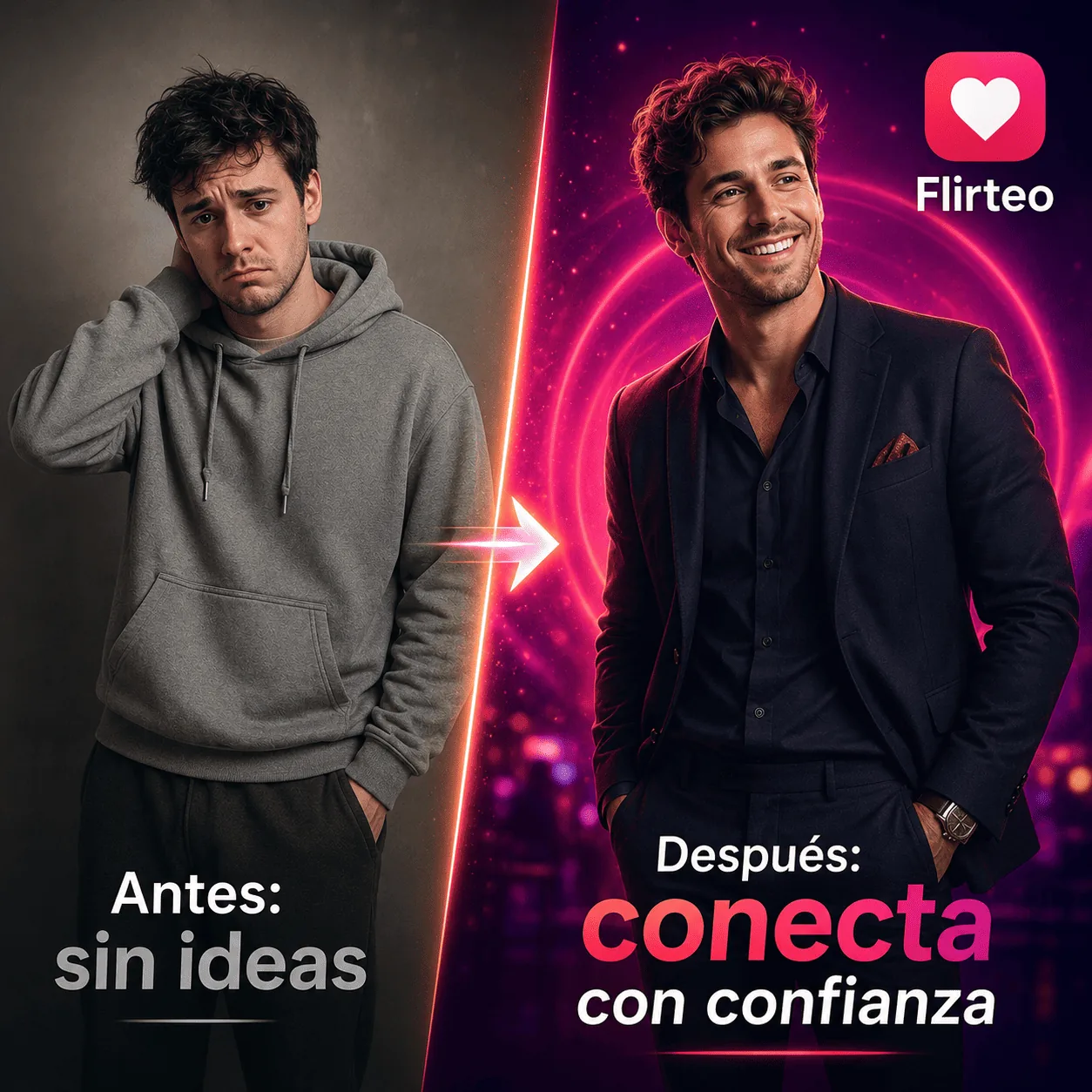 Antes y después de Flirteo - Hombre con outfit mejorado